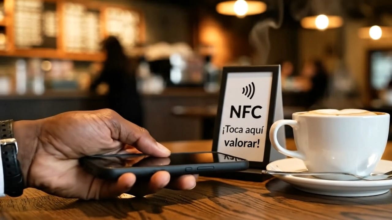 Una mano acerca un teléfono a la tarjeta del mostrador y se abre la pantalla de escribir la reseña.